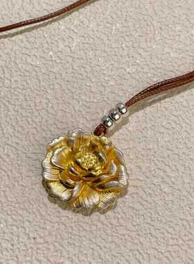 中式复古牡丹花银质缎带项链