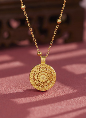 中式复古金色花朵吊坠锁骨链