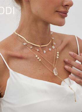 欧美跨境饰品波西米亚金属圆片项链不规则水晶多层蛇骨链necklace