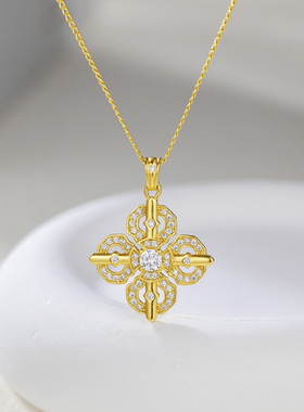 复古缎带镀金镶钻花朵吊坠项链
