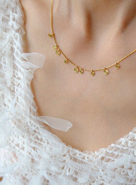 星光闪烁精细批花圆片 INS风复古钛钢镀18K金项链锁骨链 XL683