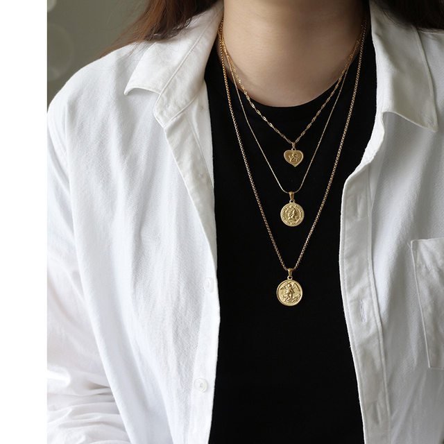 Retro portrait coin pendant titanium steel gold plated for women