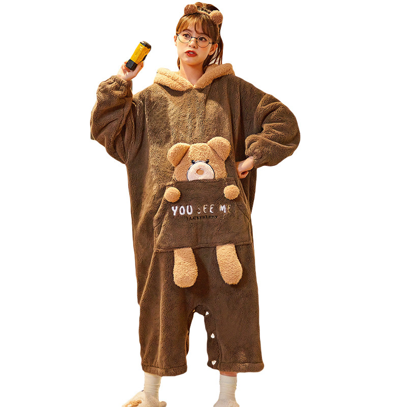 连体秋冬季法兰绒长袖卡通孕妇睡裙 橙色海芋睡裙