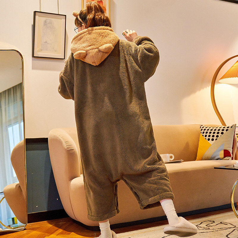 连体秋冬季法兰绒长袖卡通孕妇睡裙 橙色海芋睡裙