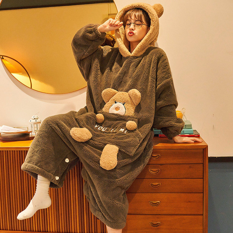 连体秋冬季法兰绒长袖卡通孕妇睡裙 橙色海芋睡裙