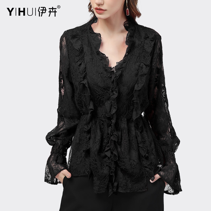 蕾丝衫女长袖设计感镂空v领衬衫 伊卉蕾丝衫/雪纺衫