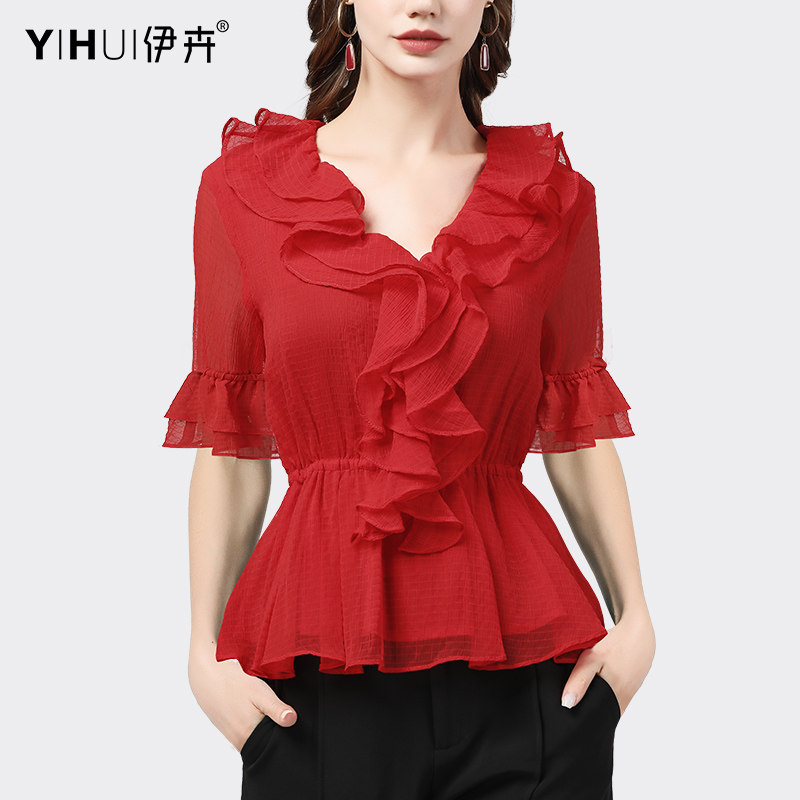 喇叭长袖荷叶边v领红色收腰雪纺衫 伊卉蕾丝衫/雪纺衫