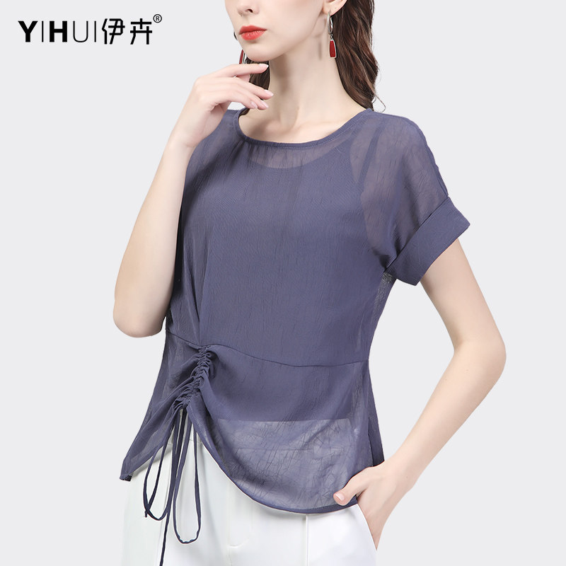 欧货宽松女短袖夏季新款抽绳雪纺衫 伊卉蕾丝衫/雪纺衫