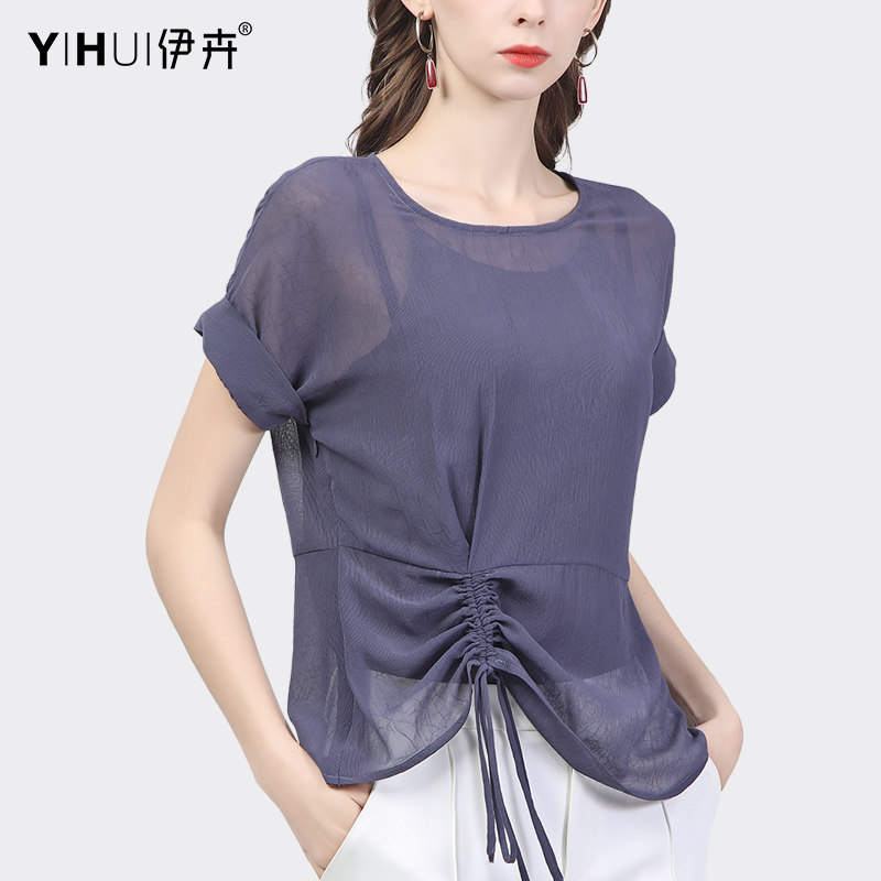 欧货宽松女短袖夏季新款抽绳雪纺衫 伊卉蕾丝衫/雪纺衫