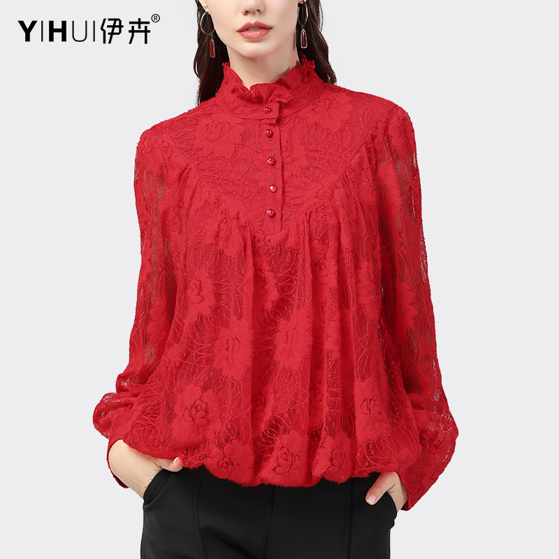 欧洲站春装新款蕾丝衫红色打底小衫 伊卉蕾丝衫/雪纺衫