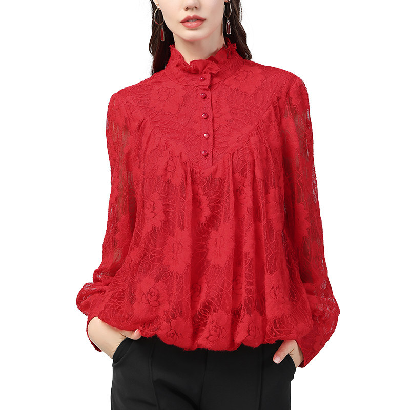 欧洲站春装新款蕾丝衫红色打底小衫 伊卉蕾丝衫/雪纺衫