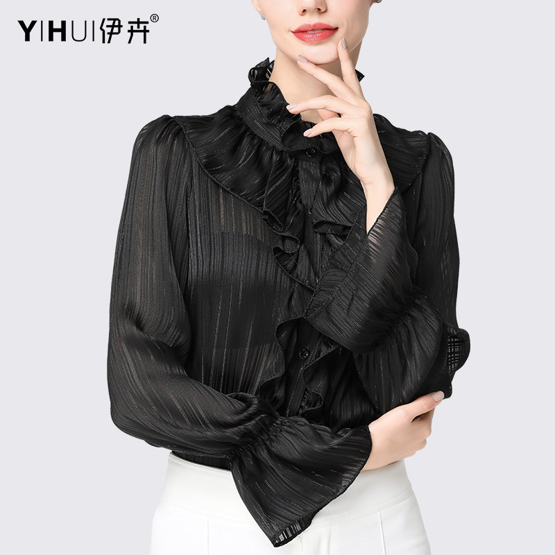 2022春装新款荷叶边立领喇叭衬衫 伊卉蕾丝衫/雪纺衫