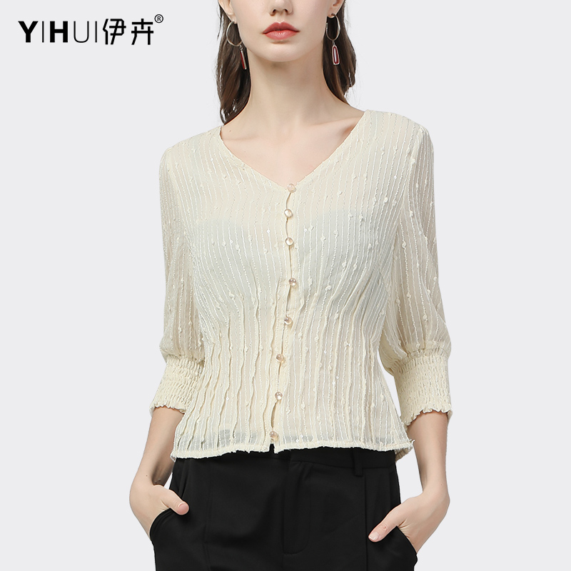 欧洲站气质v领修身显瘦亮片雪纺衫 伊卉蕾丝衫/雪纺衫
