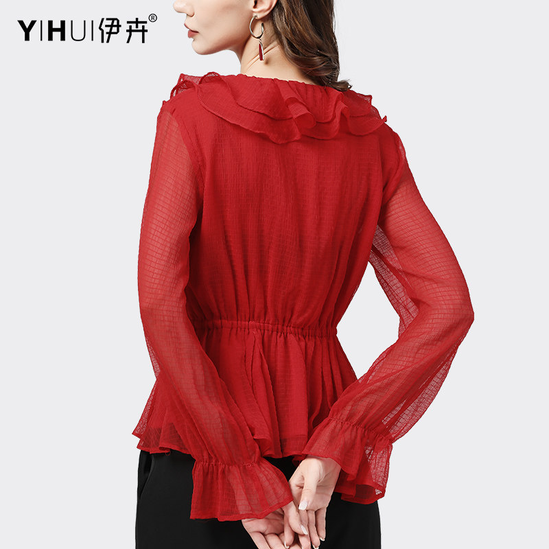 喇叭长袖荷叶边v领红色收腰雪纺衫 伊卉蕾丝衫/雪纺衫