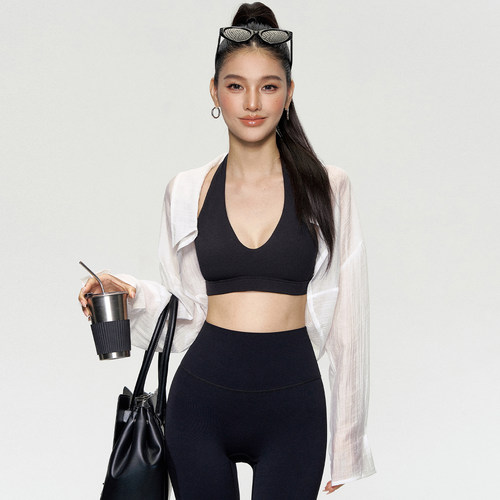 DCW深V运动内衣弹力挂脖美背外穿普拉提瑜伽套装健身训练文胸bra - 图1