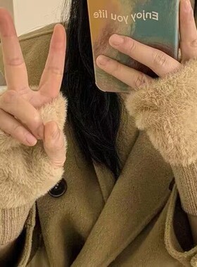 网红款针织无指手套女百搭半截半指保暖秋冬手袜学生纯色毛绒手套
