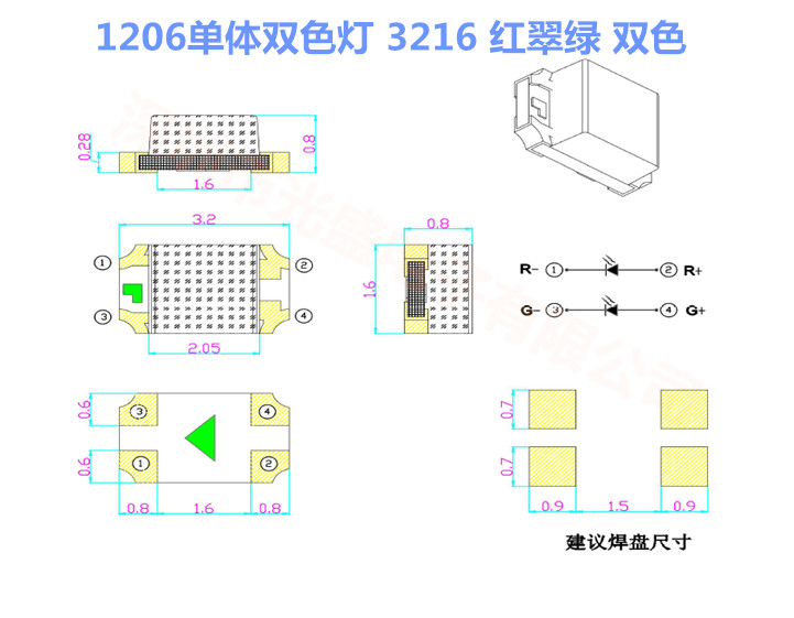 超高亮红翠绿贴片 3216红绿 LED指示灯 1206单体双色灯珠-图0