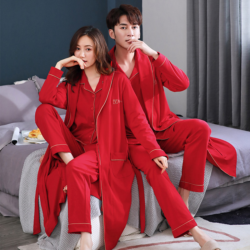 情侣三件套装纯棉长袖春秋款睡袍 辉珠睡衣/家居服套装