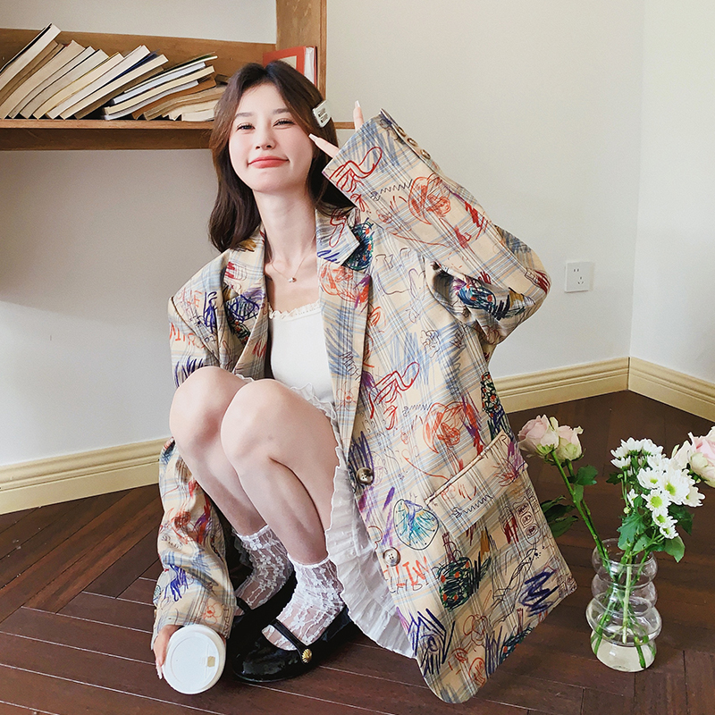 24秋 涂鸦格纹西装外套女