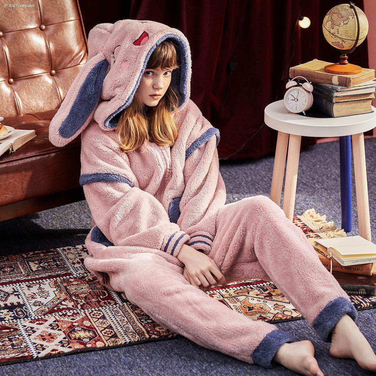 秋冬可爱兔耳朵连体裤珊瑚绒睡衣 yhw睡袍/浴袍