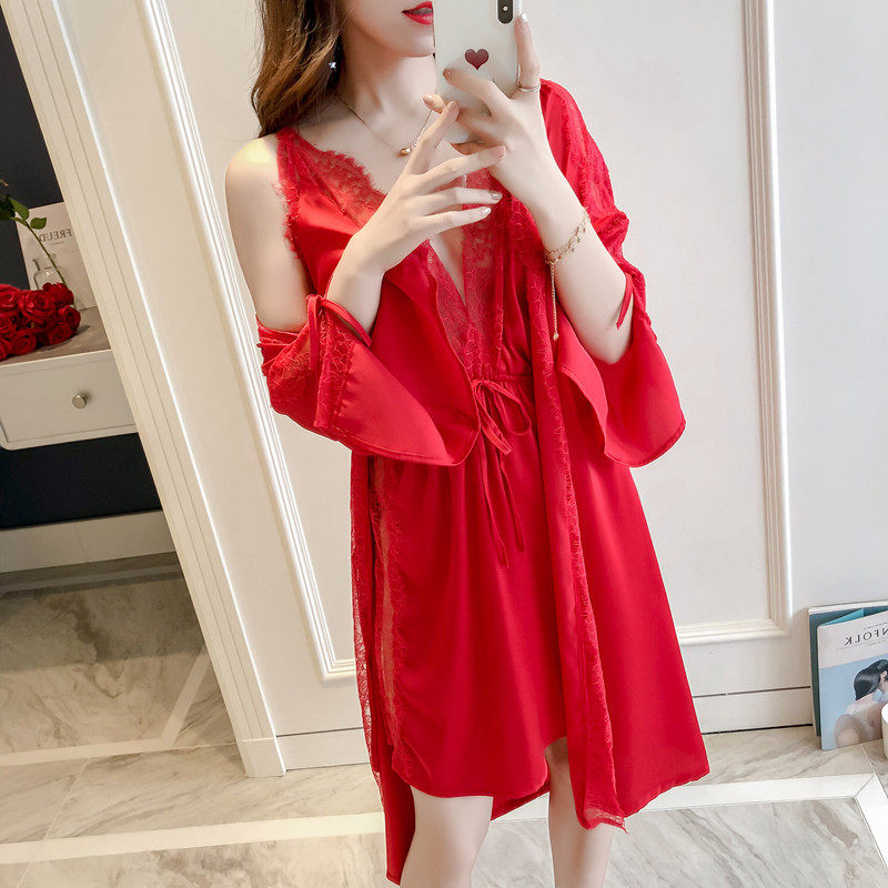 蕾丝情趣春秋性感骚吊带冰丝睡袍 yhw睡衣/家居服套装