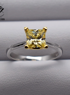 925银鹅黄钻公主方形戒指克拉