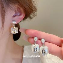 Real Gold Plated Silver Needle Zircon Alphabet Pearl Square Earrings Minimalist Temperament Superior Ear-Ears Accessories