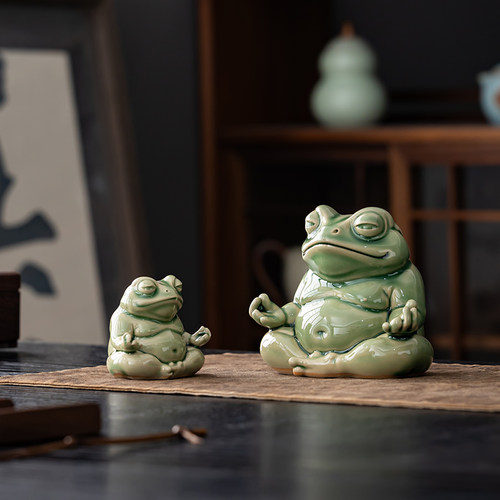 青釉禅心蛙茶宠摆件手工陶瓷青蛙茶桌装饰品茶具配件 - 图0