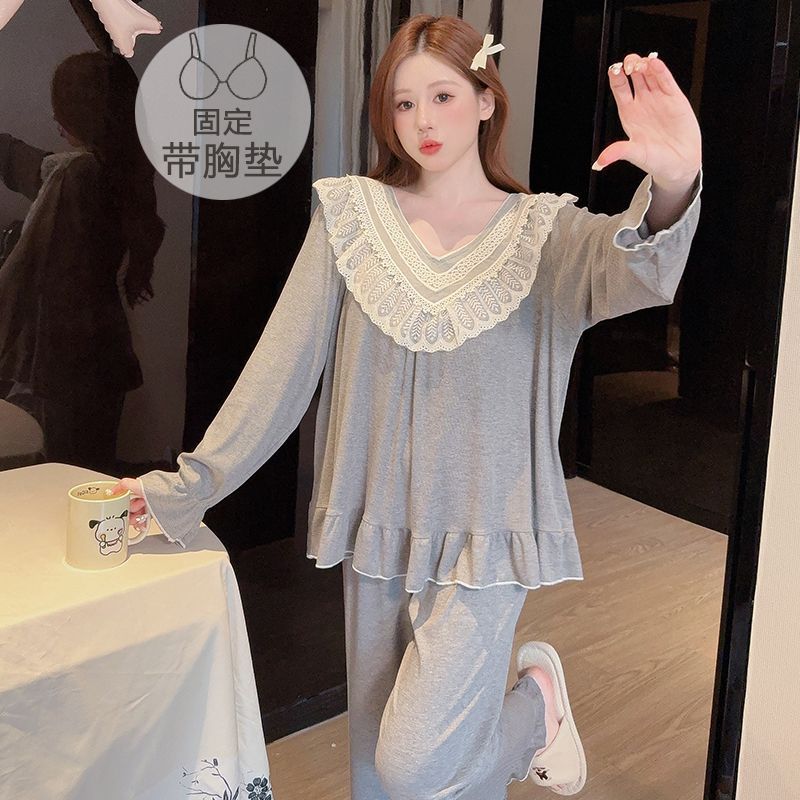 莫代尔睡衣女带胸垫春秋季甜美宫廷风长袖长裤宽松大码家居服套装 - 图2