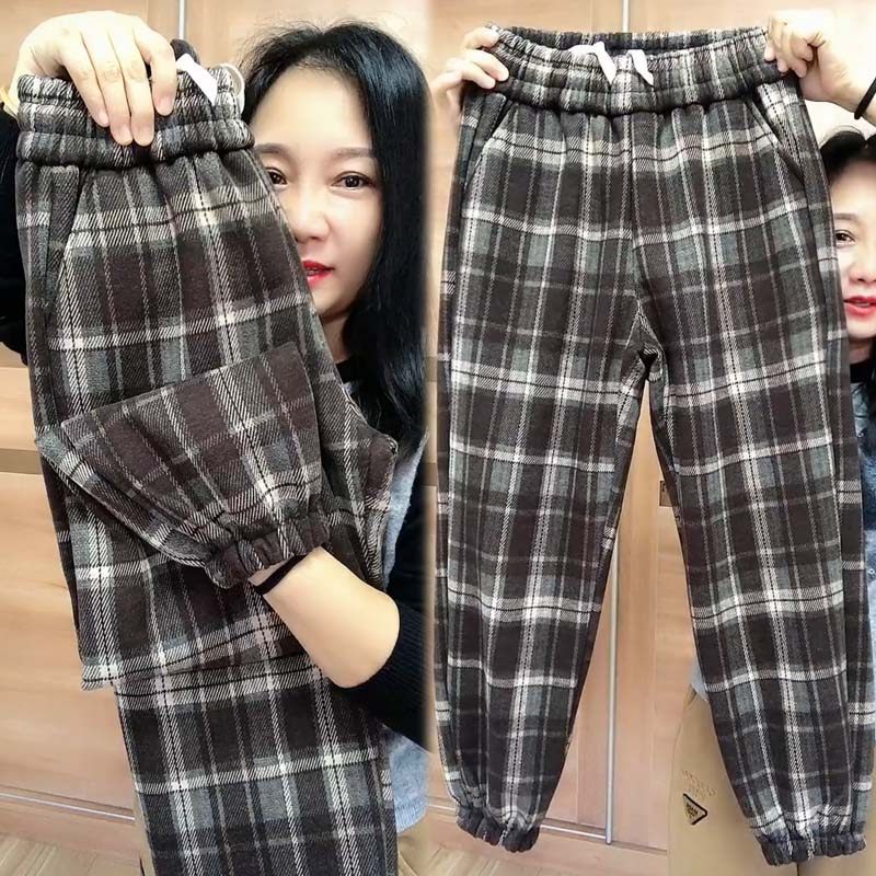 2023冬季新款加绒加厚格子休闲裤女宽松显瘦灯笼裤高腰百搭哈伦裤,淘宝优惠券,粉丝福利购,淘宝优惠卷