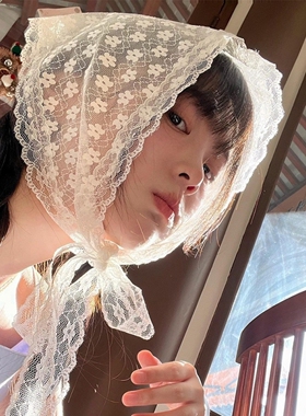 法式蕾丝花边三角巾女白色小碎花头巾连衣裙腰间配饰屁帘叠穿发饰