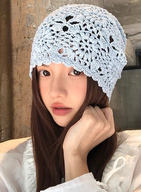 编织堆堆帽子女2025新款蕾丝包头帽夏季薄款镂空钩花针织毛线帽潮