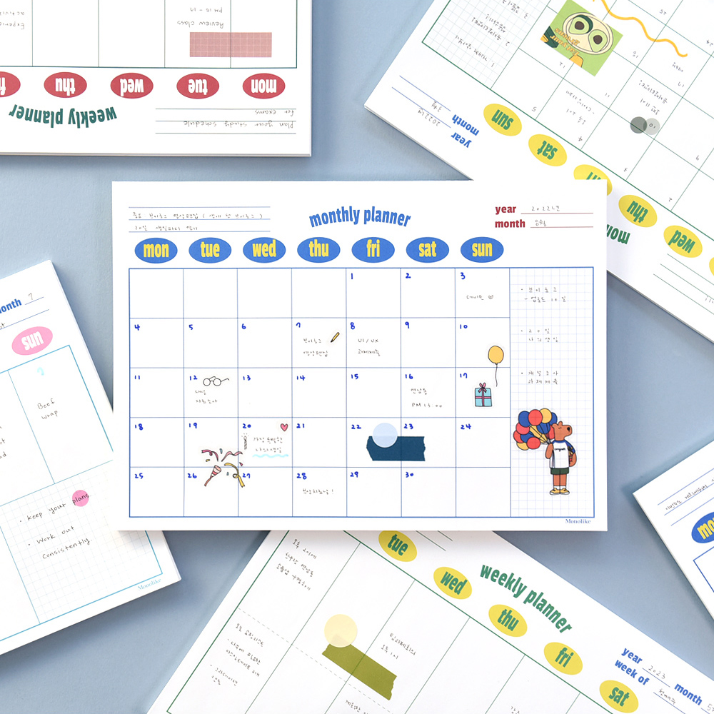 韩国Monolike卡通插图A4万年月计划周计划工作学习可撕日程记事本 - 图0