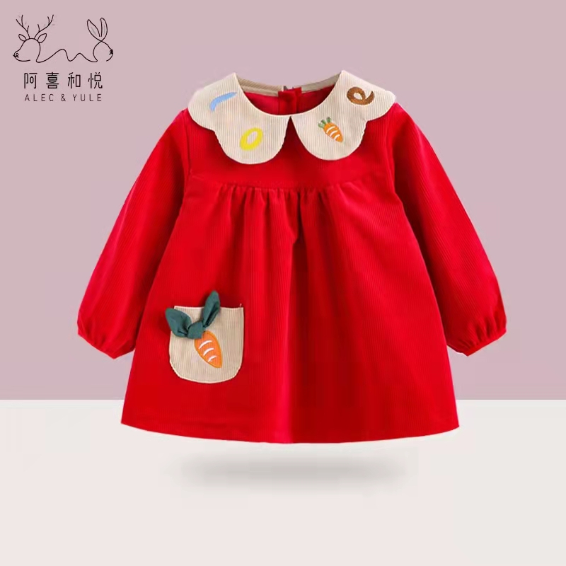 New style girls' thickened corduroy long-sleeved blouse for baby's stylish princess dress with buttons, waterproof and anti-dirty eating bib