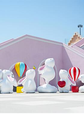 卡通兔子玻璃纤维雕塑网红拍照民宿门店打卡区布置装饰造景摆件小