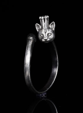 原创手工戒指925银开口猫咪情侣