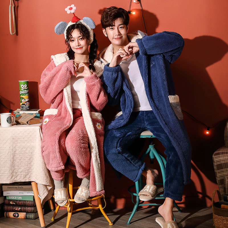 珊瑚绒情侣睡衣套装加绒保暖浴袍 muzihome睡衣/家居服套装