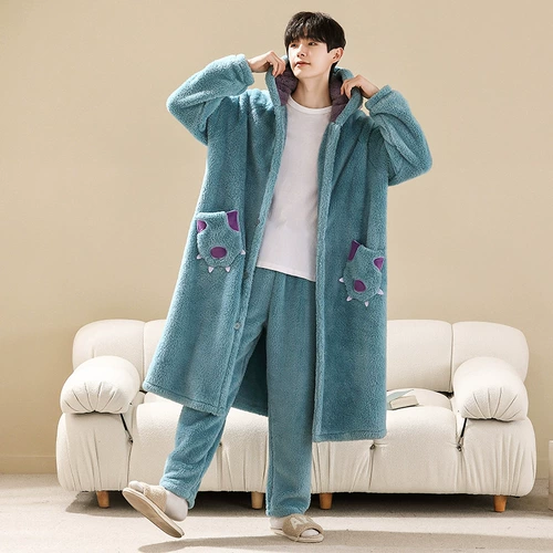 Монстр, демисезонный коралловый бархатный банный халат, демисезонная длинная фланелевая пижама, комплект, длина макси, увеличенная толщина