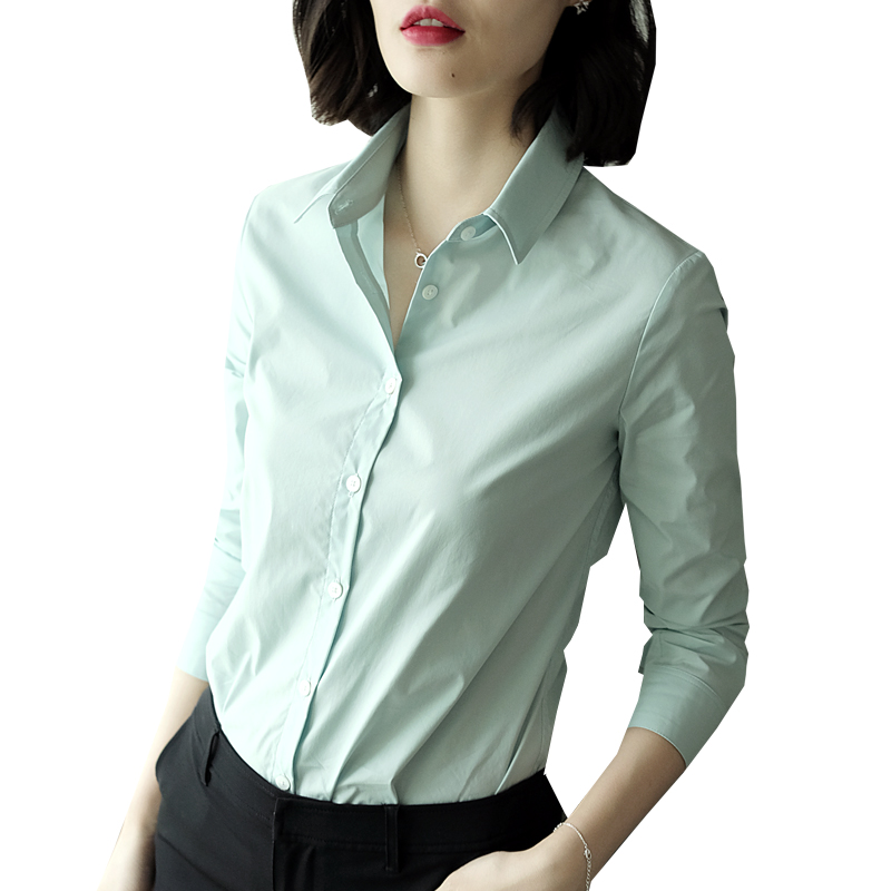 新款上衣 立领纯色绿色衬衫女士长袖衬衣早春装 经典不败修身 2019 新款上衣 立领纯色绿色衬衫女士长袖衬衣早春装 经典不败修身 2019