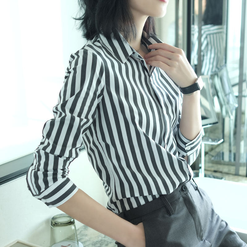 经典独爱休闲黑白条纹女士立领衬衣 classnice衬衫