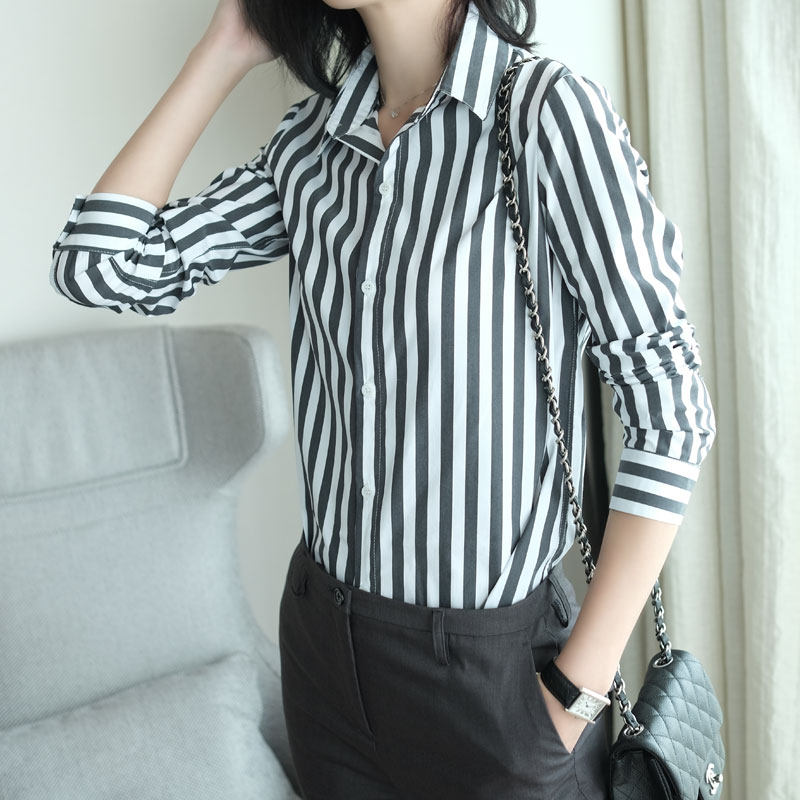 经典独爱休闲黑白条纹女士立领衬衣 classnice衬衫