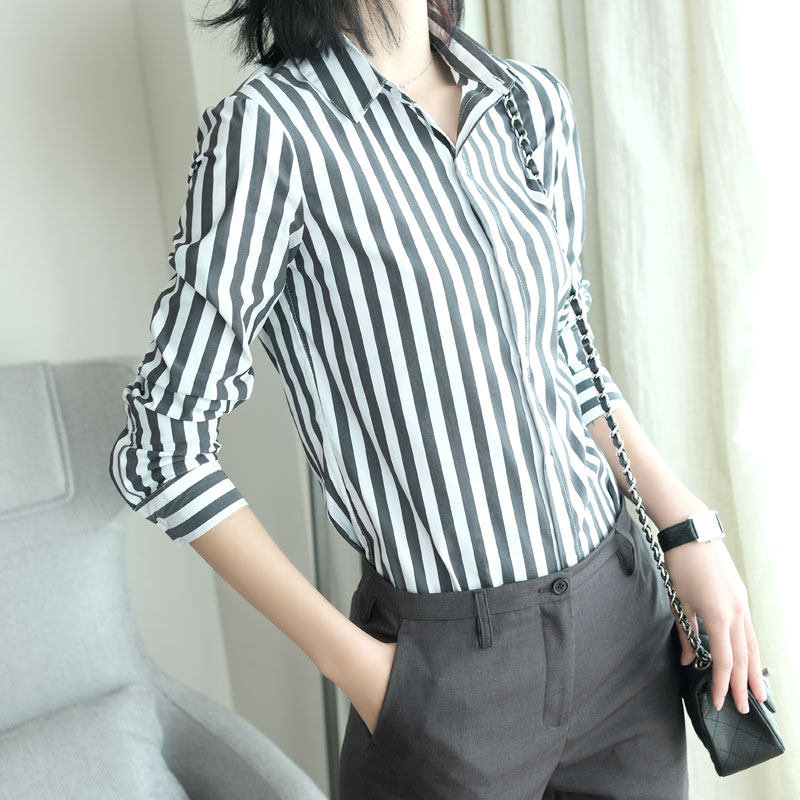 经典独爱休闲黑白条纹女士立领衬衣 classnice衬衫