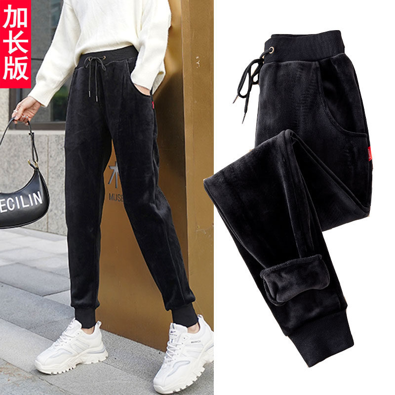 加长金丝绒秋冬高腰加绒宽松运动裤 灿洛休闲裤