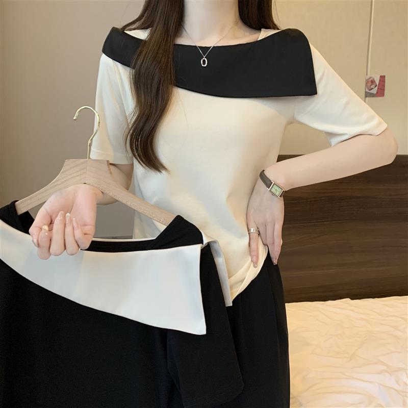 大码法式一字肩短款上衣胖mm遮肚显瘦撞色冰丝针织短袖t恤女夏季 - 图0