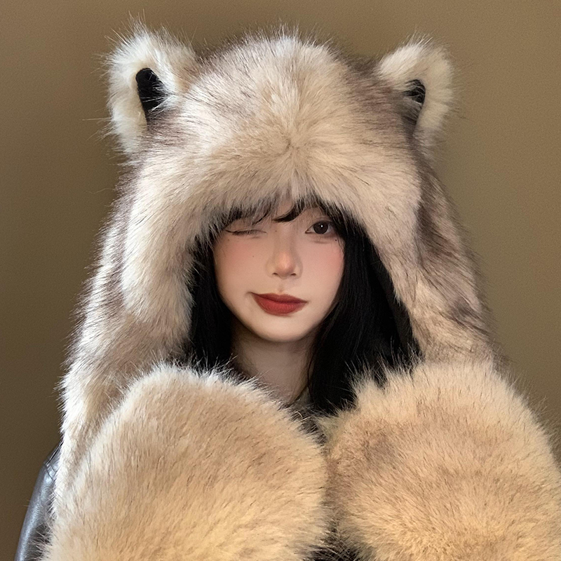 可爱狐狸耳朵毛绒帽子围巾一体女秋冬季仿皮草保暖护耳手套三件套