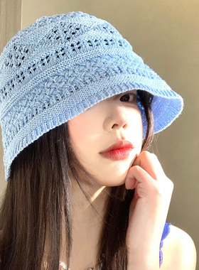 蓝色镂空针织渔夫帽女春夏薄款