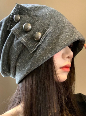 纽扣灰色堆堆帽女春秋季日系复古