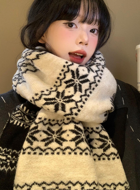 雪花双面针织围巾女秋冬季