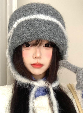 灰色绑带毛绒针织护耳帽女冬季