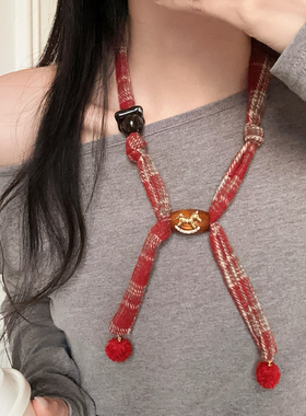 红色布艺波点格子小马抽拉项链女